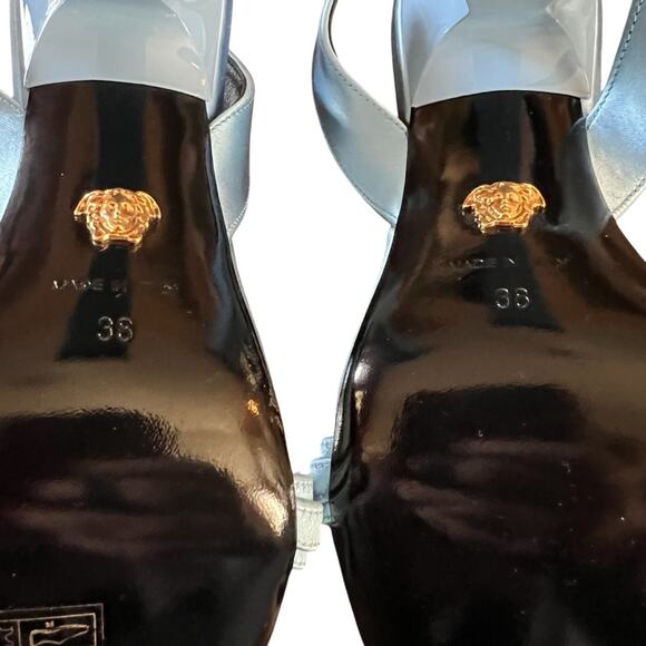 Versace Gold Chain Ankle Strap High Heel Sandals Ice Blue NEW EU 38 US 8 - Picture 6 of 12